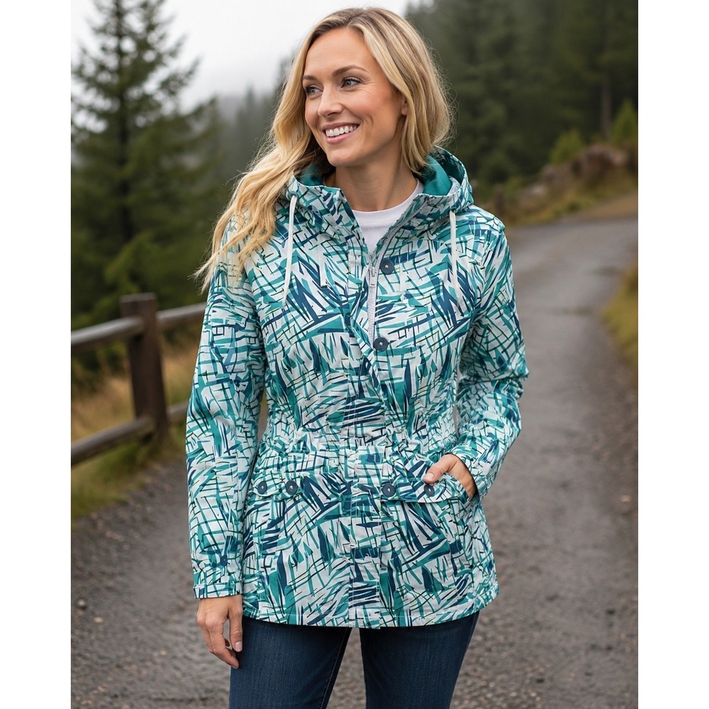 Tommy Hilfiger Women Hooded Rain Jacket Lined Green Graphic Print XS